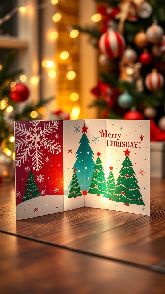 Open Z-fold Christmas card with festive designs and decorations.
